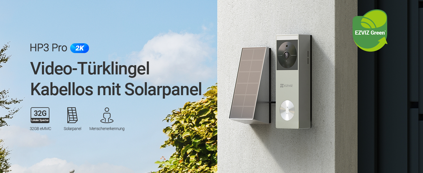 Відеодзвінок EZVIZ CP3 Pro з акумулятором та Chime CH1, бездротовий з камерою, розпізнавання людей, 2K, кольорова нічна зйомка, двосторонній аудіо, 8GB eMMC, комплект з дзвінком (дзвінок з сонячною панеллю HP3 Pro)