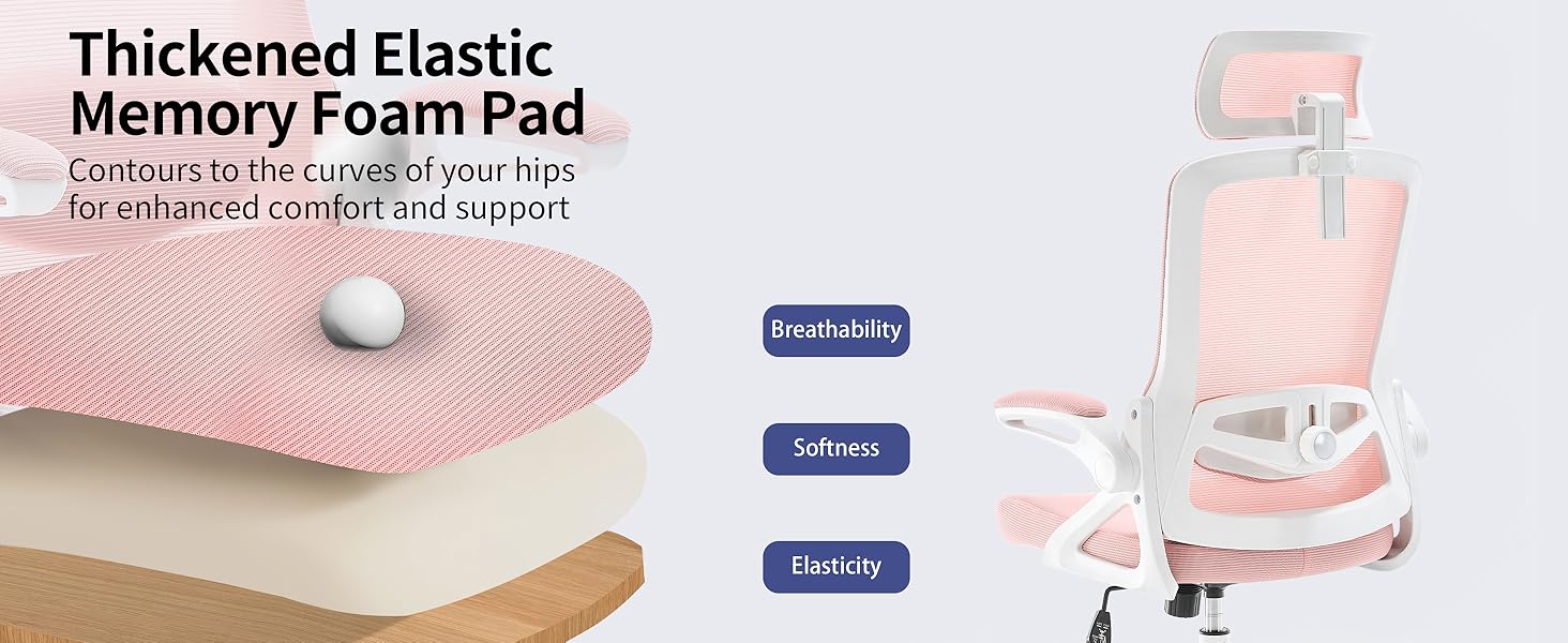 Ергономічне крісло для офісу Fizzin, комп'ютерне крісло з регульованою поперековою підтримкою, дихаюча сітчаста спинка, посилене сидіння, зручне крісло для дому та офісу (рожеве)