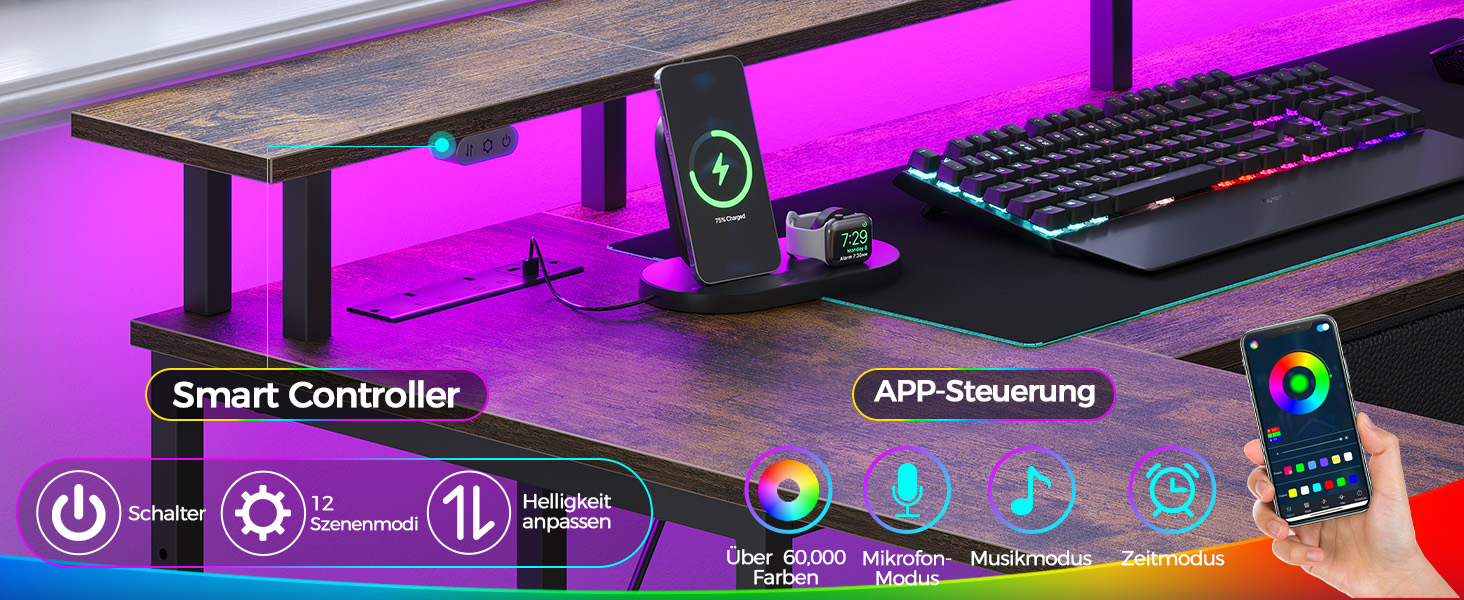 Кутовий стіл Seventable L-подібної форми з LED та підставкою для монітора, з висувними ящиками, білий (Вінтаж Браун)