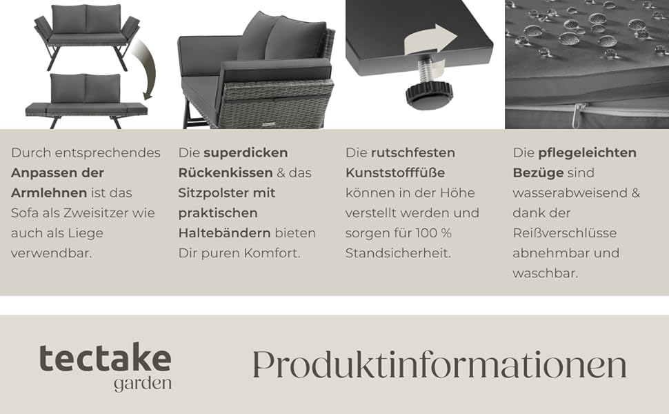 Садовий диван-шезлонг Tectake з ротангу, сірий - вуличні меблі для відпочинку з функцією сну та відкидними підлокітниками