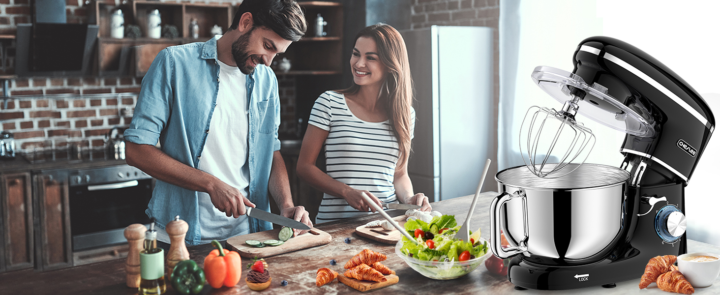 Кухонна машина Cheflee 2000W з чашею 6.2L з нержавіючої сталі, 6 швидкостей, низький шум, міксер, гак для тіста, захист від бризок, чорна