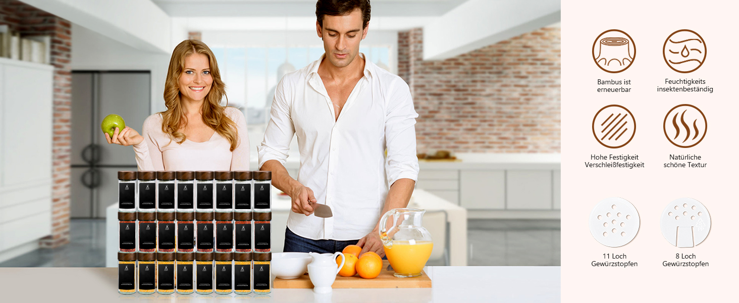 Набір скляних баночок для спецій з акціїйного дерева | 24 шт. з етикетками | Організатор для кухні | 120 мл