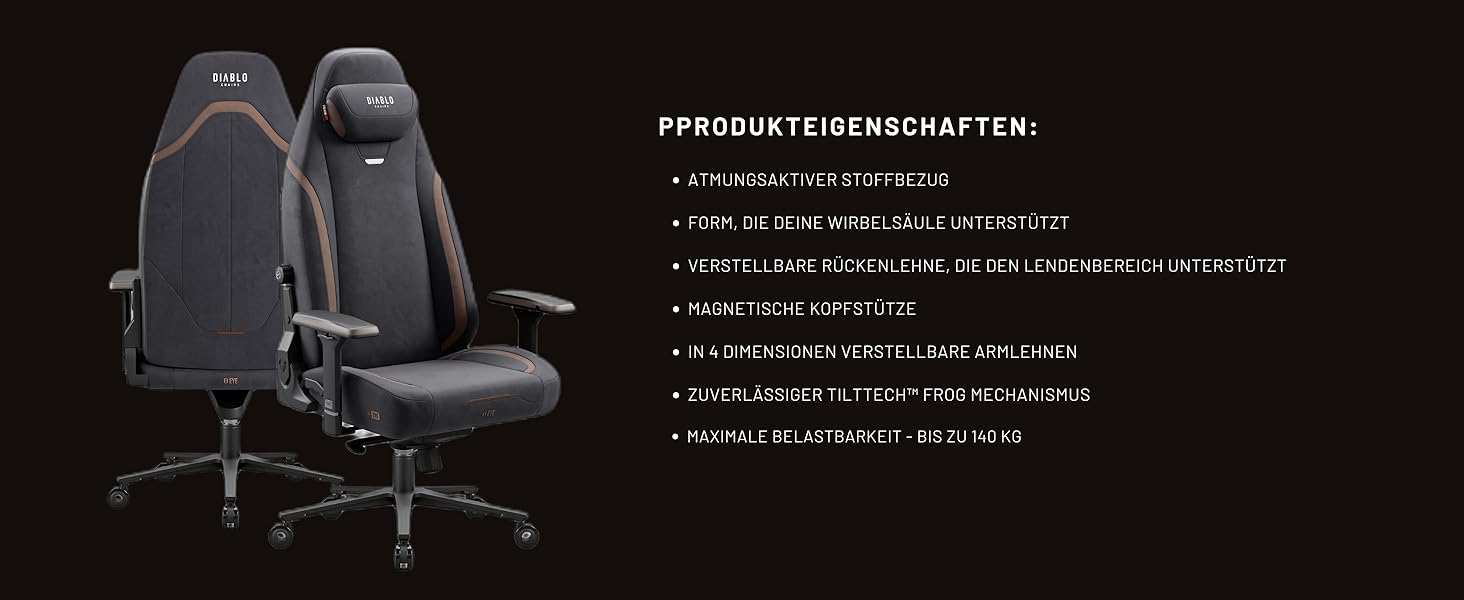 Ігровий крісло Diablo X-Eye 2.0: комфортний офісний стілець з регульованою підголівником та підлокітниками, чорний | Макс. 140 кг