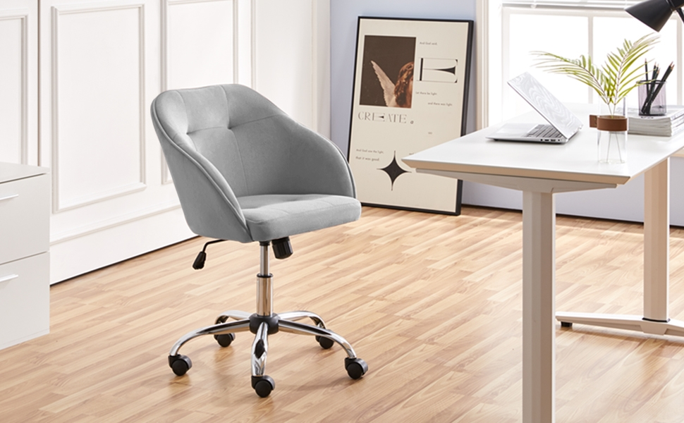 Крісло Yaheetech для дому та офісу, крісло для макіяжу, регульоване по висоті, поворотне, оксамитове, для робочого кабінету, спальні, дихаюче, на коліщатках, до 136 кг, сірий колір