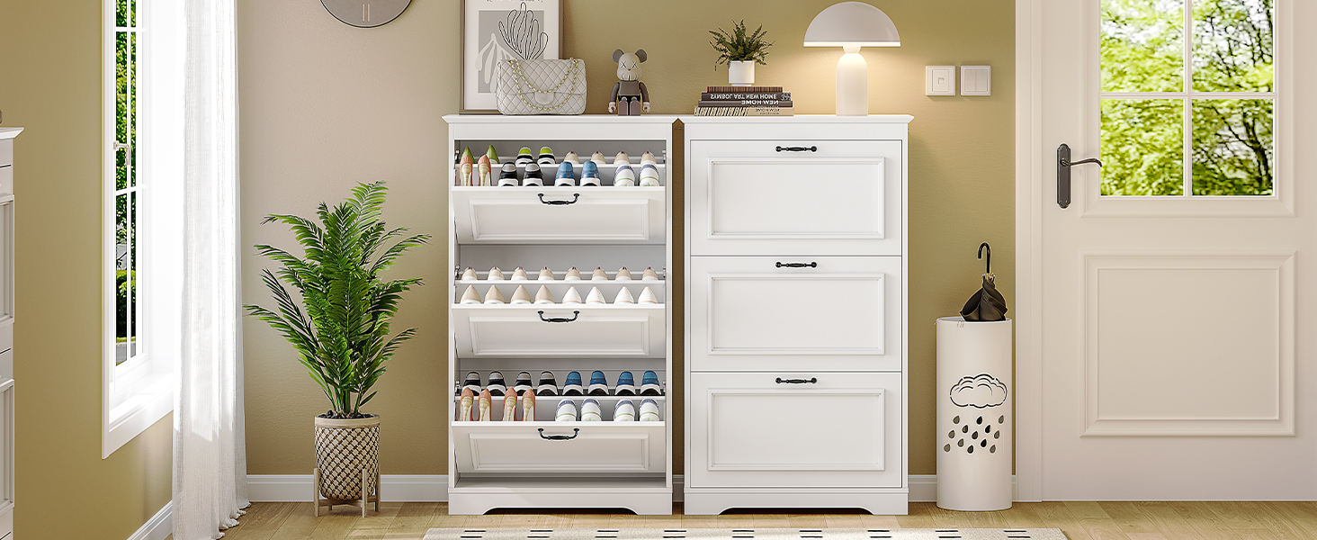 Шкаф для взуття Brinlawb з 3 дверцятами, білий. Комод для взуття, полиця для взуття з регульованими перегородками, для 14-18 пар. Дерев'яний шкаф для вхідної зони, коридору, вітальні.