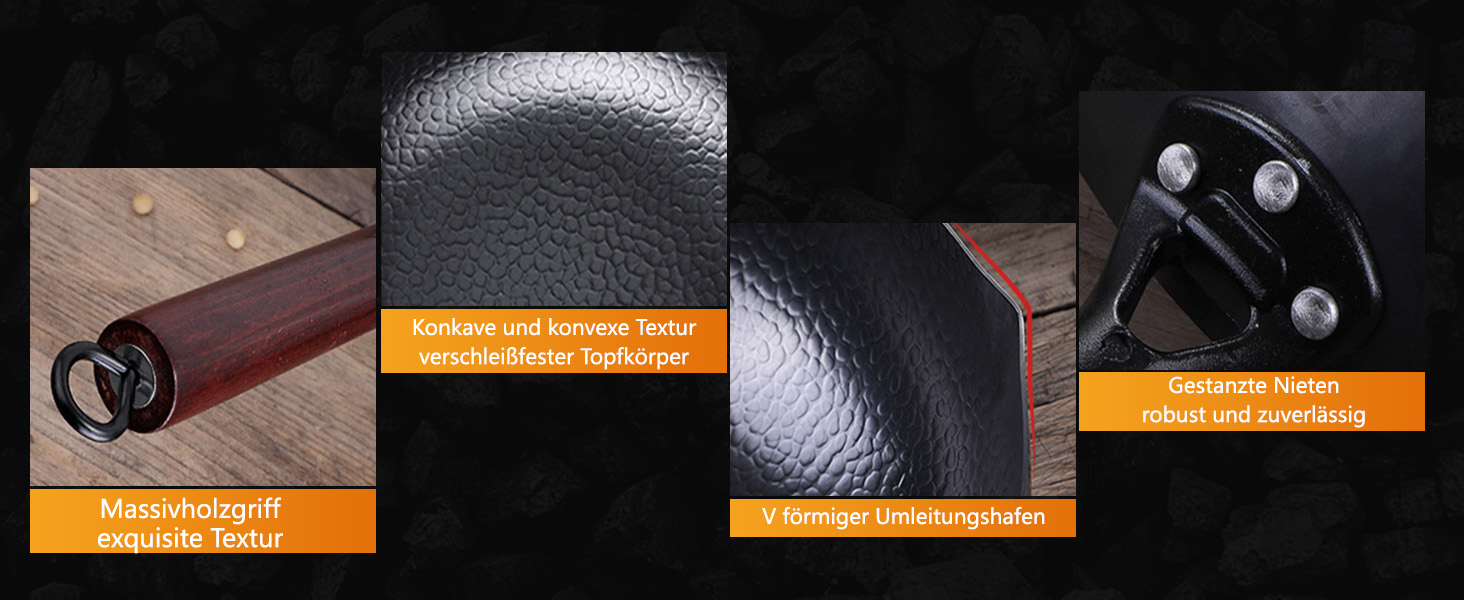 LIYGAOF Вок з кришкою 32 см з чавуну: Вок для всіх типів плит, кована чавунна сковорода, без хімічного покриття, легко миється