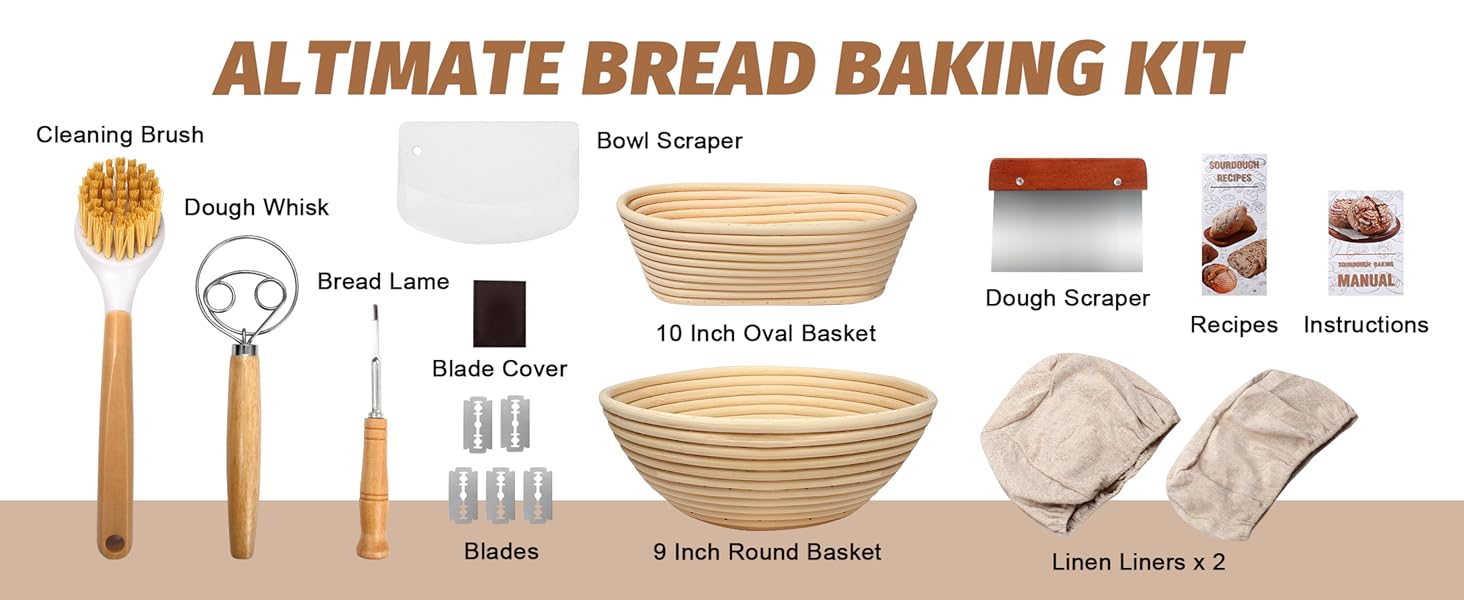 Набір для випічки хліба Brot: 2 корзини (23см круглі, 25см овальні), тейгшкребок, мішалка, тканинний вкладиш & лам, 100% ротанг