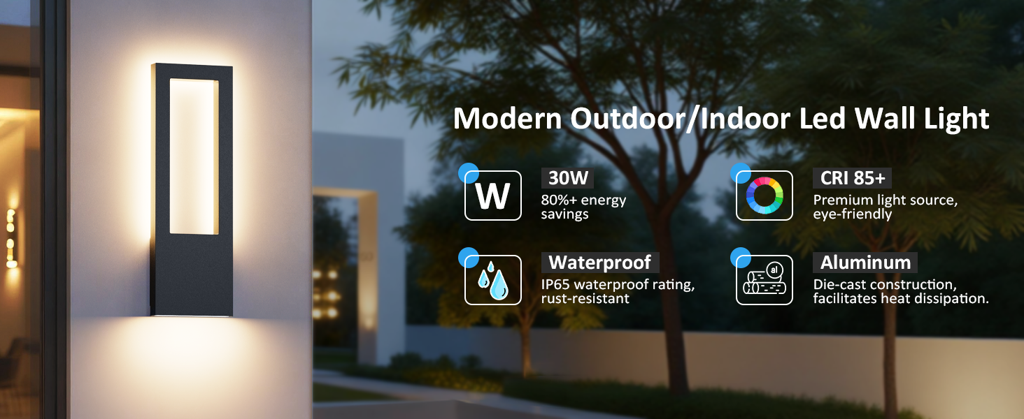 Стіна LED-світильник Aipsun 30W зовнішній, тепле біле світло 3000K, водонепроникний IP65, прямокутний настінний світильник з алюмінію для гаража та коридору, антрацит