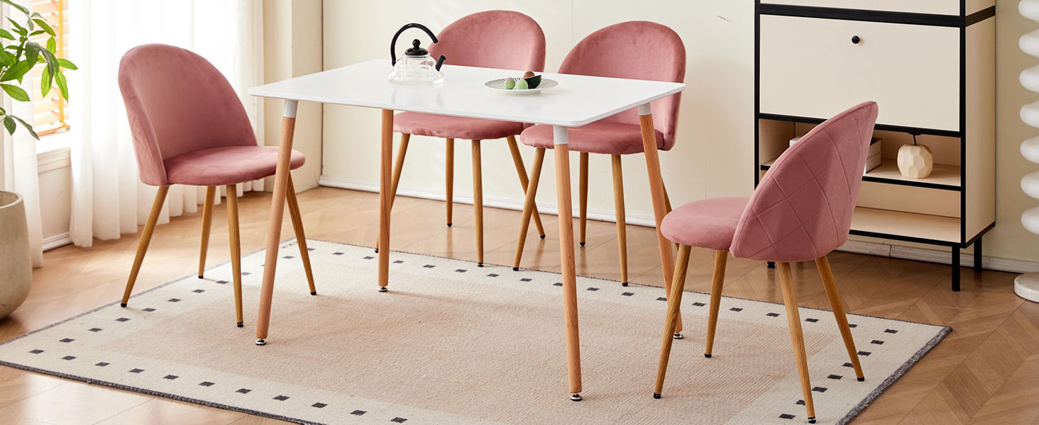 DEYARNA HOME Комплект обідньої групи: стіл та 4 стільці, стіл з МДФ, стільці з оксамиту, сучасний дизайн (Білий/Рожевий, 80*80*75 см)