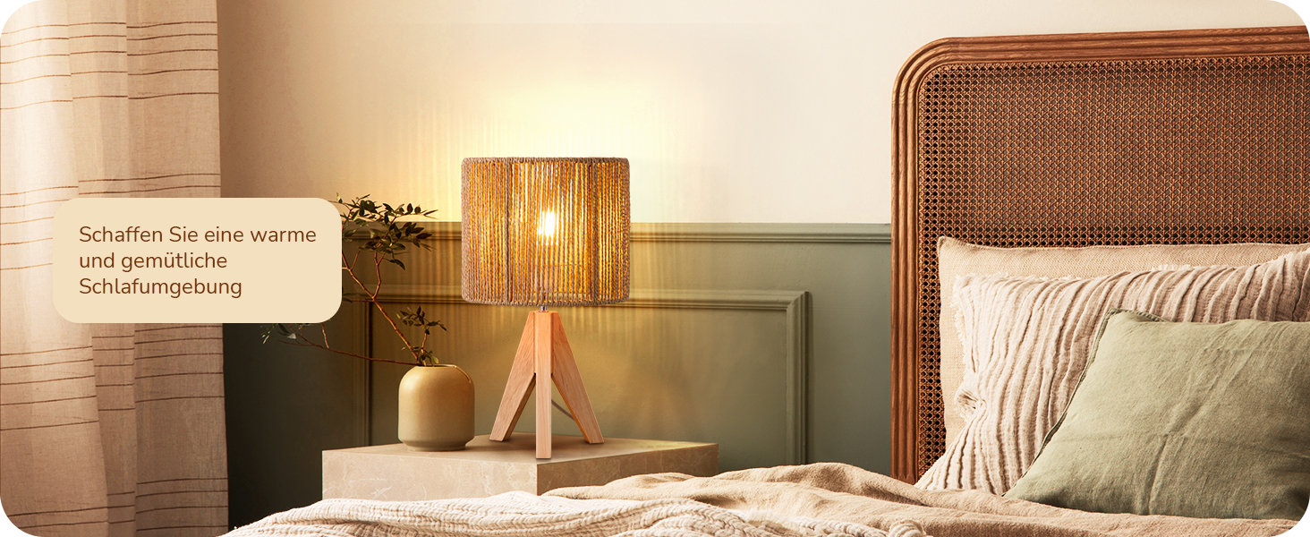 LED настільна лампа EDISHINE з абажуром з ручної роботи та дерев'яною підставкою, тепле світло 2700K, бохо-стиль для спальні, вітальні та готелю, з лампочкою E27 4W, паперовий шнур