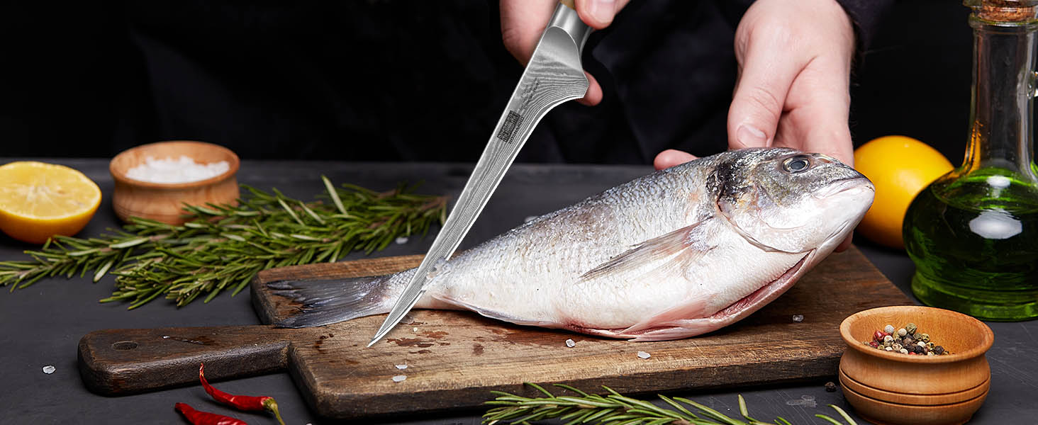 Японський ніж HOSHANHO з дамаської сталі 20 см (67 шарів), кухонний ніж для приготування їжі, гострий, з ергономічною ручкою оливкового кольору (18 см для філе)