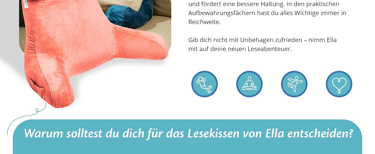 Подушка для читання Ella Lesekissen для ліжка та дивана з знімною подушкою для шиї - подушка для спини для ліжка. Подушка для читання з піною з пам'яті з підлокітниками, ідеально підходить для читання, перегляду телевізора, відпочинку або як спинна підтримка (Рожевий)
