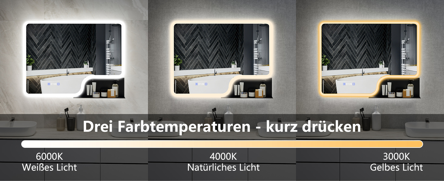 Дзеркало для ванної кімнати YOURLITE з LED-підсвічуванням 100x60 см, сенсорне керування, годинник, антизапар, 3 кольори світла, регулювання яскравості, без запотівання, функція пам'яті, білий