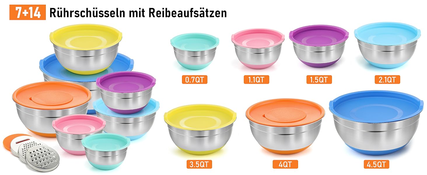 Набір міксерів BEWOS 7 шт. з кришкою, нержавіюча сталь, різні розміри (0.7-4.5 Qt)