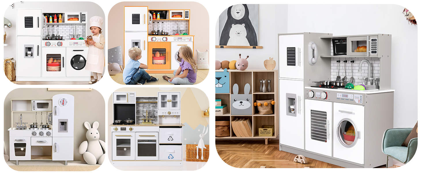 Дерев'яна дитяча кухня MAMIZO з підсвіткою та звуком, 82x80x25 см. Комплект аксесуарів, іграшка для дітей від 3 років, білий колір (біле дерево)