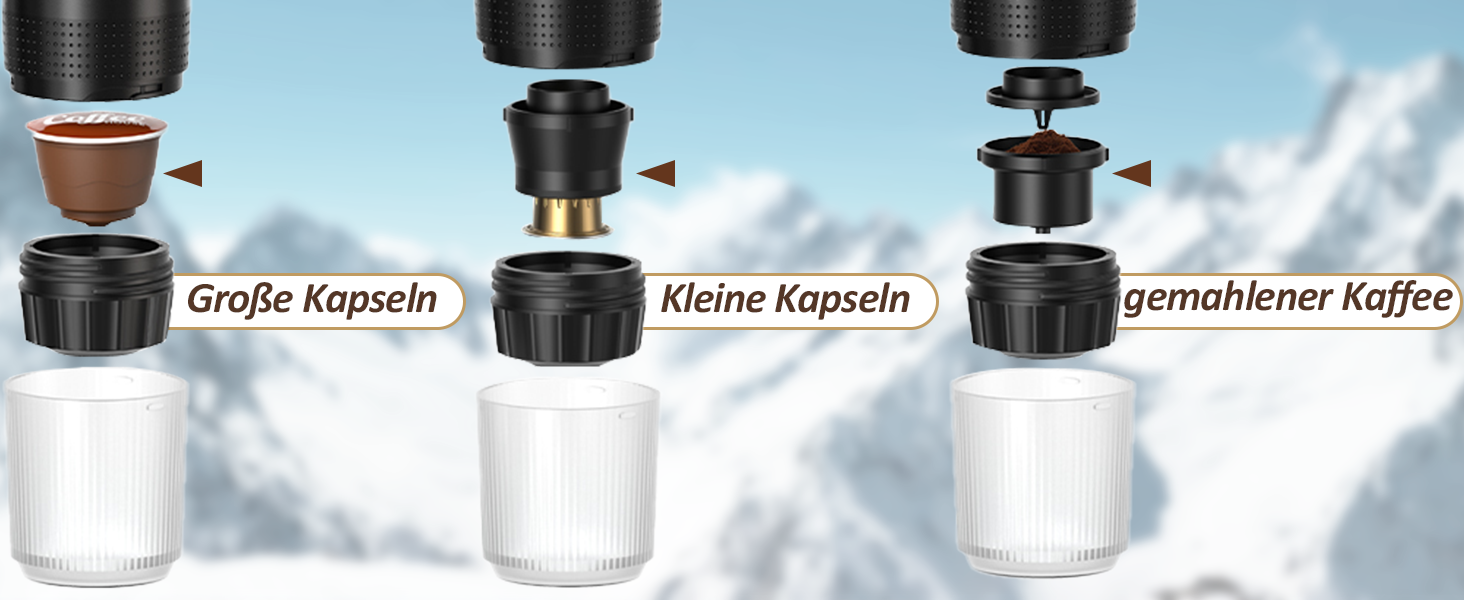 ADOGO Портативна кавомашина для еспресо з акумулятором, 20 Bar, електрична, сумісна з капсулами NS та меленою кавою, для подорожей та кемпінгу