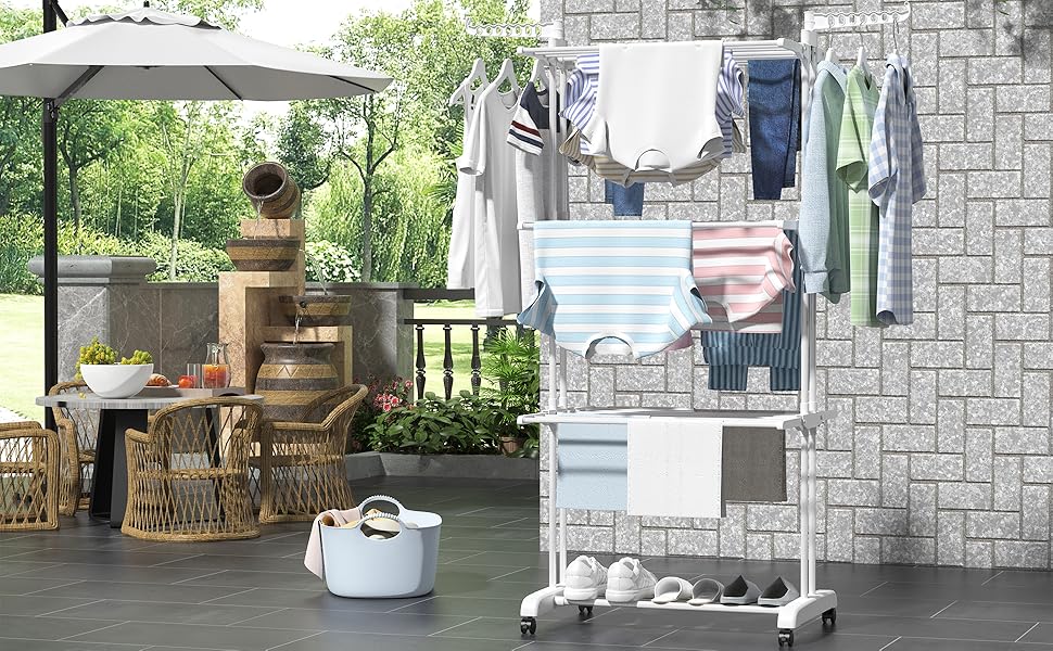 Сушарка для білизни SIMPDIY вертикальна баштового типу, розкладна сушарка з 6 крилами та 2 бічними панелями на колесах для дому та вулиці, біла