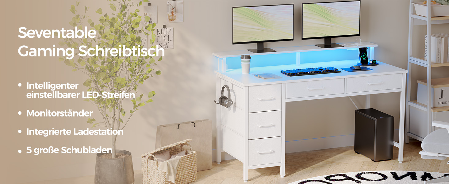Комп'ютерний стіл Seventable з розетками та LED-підсвічуванням, 100 см, ігровий стіл з 5 шухлядами, стіл для офісу, робочого кабінету, спальні, вітальні, білий