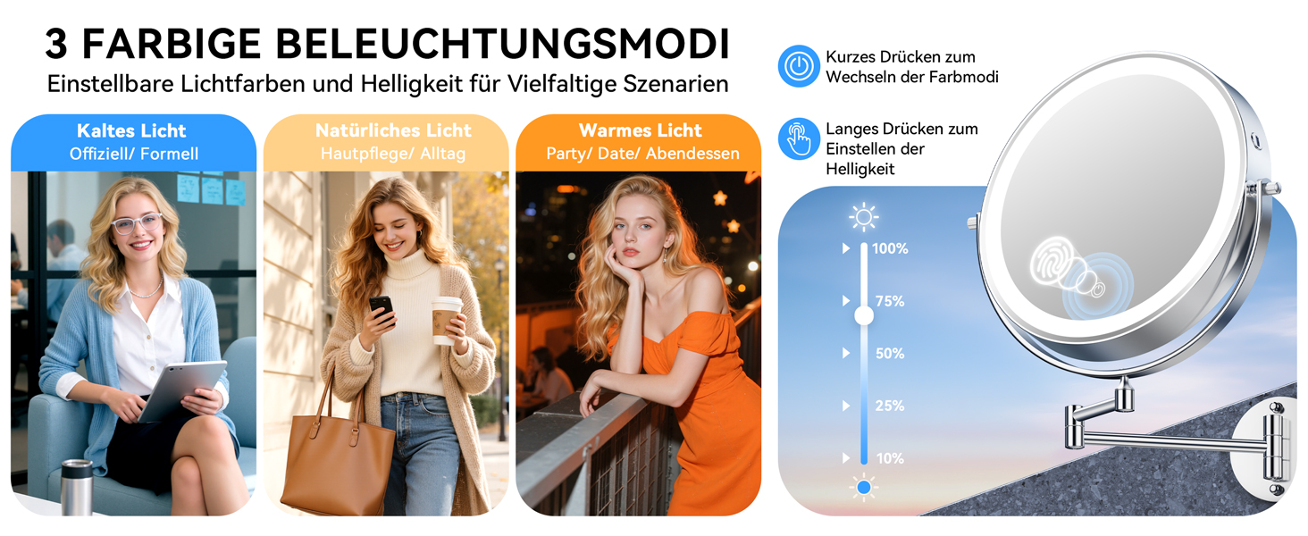 Дзеркало для макіяжу Auxmir з підсвічуванням, перезаряджуване, 3200mAh, для гоління, настінне, з регулюванням яскравості, 3 кольори світла, 360° обертання, для ванної кімнати (срібний, 30X, 10 дюймів)