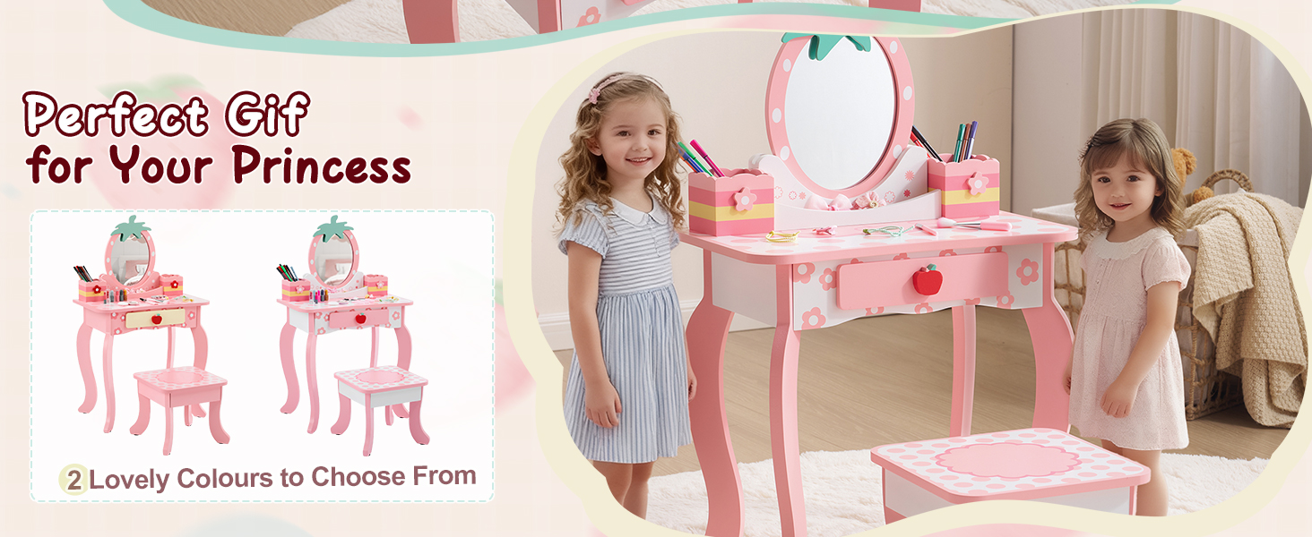Дитячий туалетний столик LEADZM з пуфом для дівчаток, з шухлядою та двома 180° відкидними дзеркалами, для дітей 3-9 років (білий та рожевий)