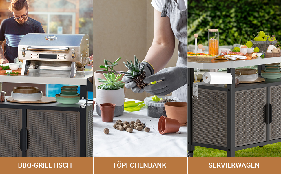 Onlyfire Grilltisch: Робочий стіл для гриля з великою поверхнею, візок для сервірування з колесами, гриль-стіл з відкидними боковими полицями, стільниця з нержавіючої сталі, візок для барбекю, 143.5 × 56 × 91 см, двостулковий