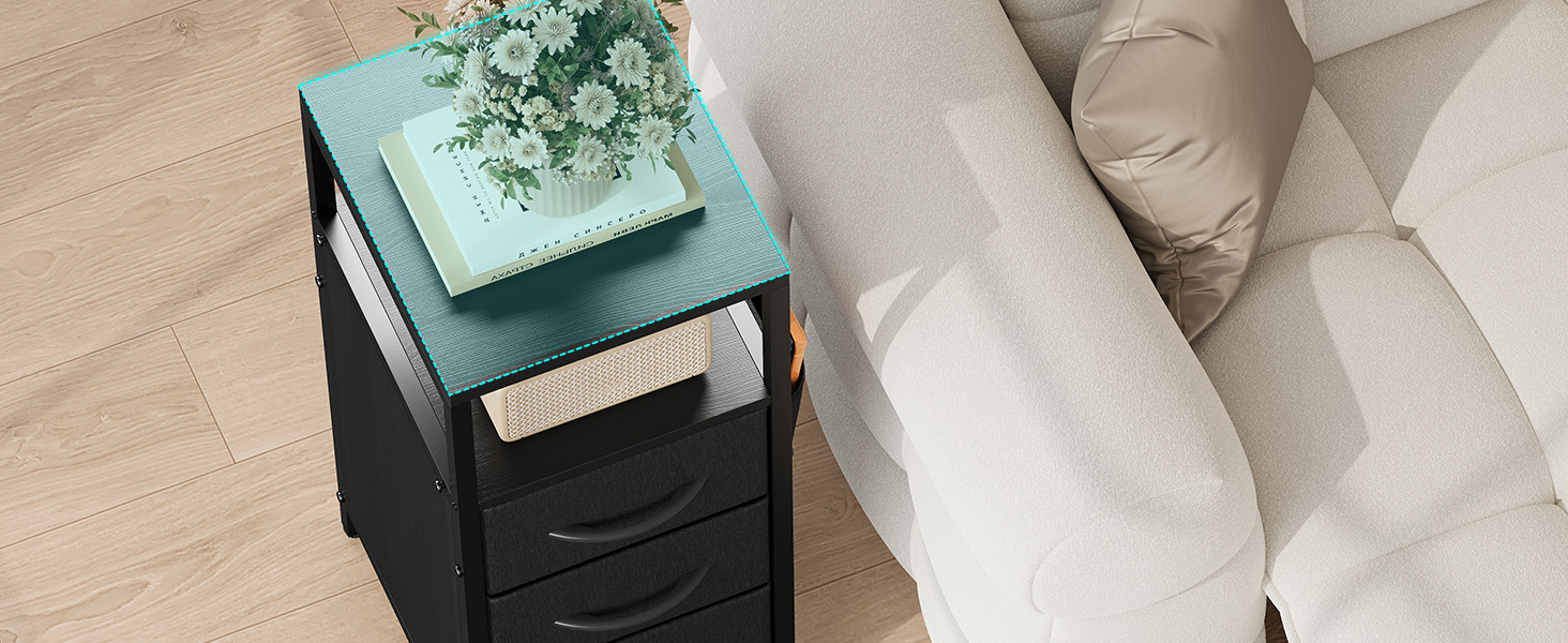 Нічний столик з підзарядкою та LED, приліжний столик з 3 висувними ящиками з тканини, нічний столик з полицею, відкрите відділення, 2 розетки AC, USB та Typ C порти, для спальні, вітальні, офісу (25x30x60 см, Чорний, 2)