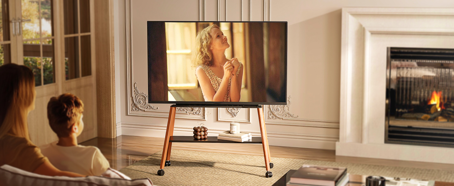 Підставка для телевізора ECOTINY на колесах для 49-75 дюймів, до 40 кг, Easel Design, металева конструкція з дерев'яною полицею, білий (чорний)