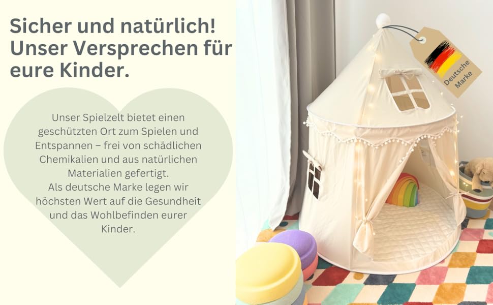 Намет для дітей Tipi з м'якого бавовняного полотна Silky-Cotton | Бежевий, 1 вхід, 3 вікна, Tasche & Bodenmatte | Стабільний намет-іграшка для хлопчиків та дівчаток