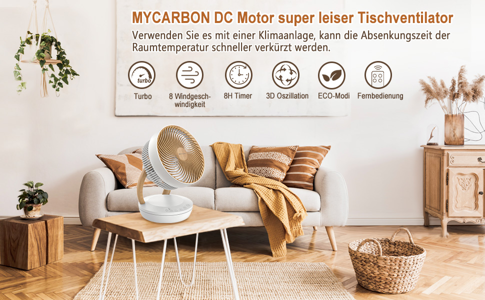 Вентилятор настільний MYCARBON FS05-A: тихий, 8 швидкостей, 3D-обертання, ECO-режим, таймер 8 год, продуктивність 1850 м³/год для спальні