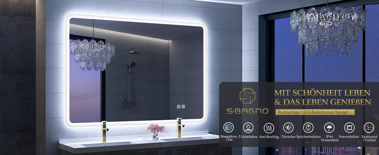 Дзеркало для ванної кімнати S'bagno з підсвічуванням 80x60 см, Bluetooth, 5x лупа, протитуманне покриття, 3 кольори, регулювання яскравості, пам'ять налаштувань, загартоване скло, IP44 вологостійкість, горизонтальне/вертикальне встановлення