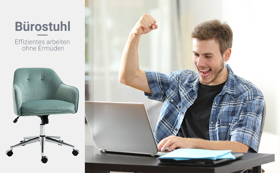 Офісний стілець Vinsetto з регулюванням висоти та функцією гойдання, ергономічний, з м'якою оббивкою з велюру, зелений, 61 x 59 x 80,5-90,5 см