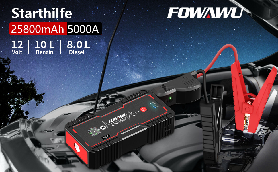Бустер для автомобіля FOWAWU 2500A 22800mAh: пусковий пристрій для авто з бензиновим двигуном до 8л та дизельним до 6.5л