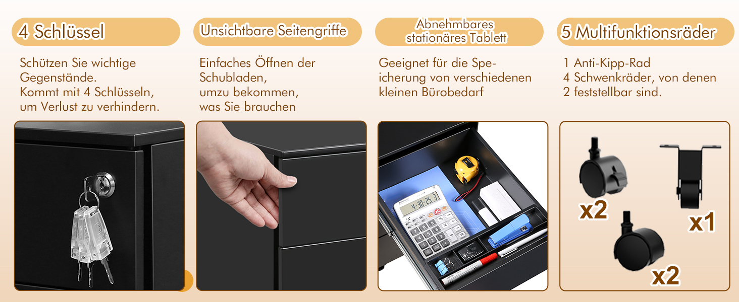 Роликовий контейнер HOMSTEEL з замком, 4 шухляди, металевий шафа, готовий до використання, для офісу та дому, білий (3 шухляди (44T x 37B x 60H cm), чорний)
