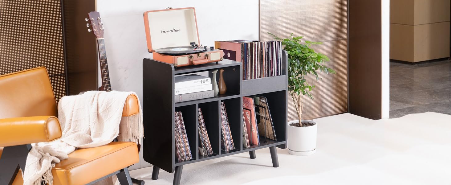 Стіл для програвача, стійка для вінілових програвачів середини століття з місцем для зберігання до 350+ платівок, шафа для вінілових платівок з регульованими полицями (високоякісний чорний)