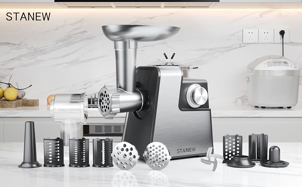 Електрична м'ясоподрібнювач STANEW 2500W з нержавіючої сталі [4-в-1] з 5 лезами (хвильовий ніж/різання/тертка) та подвійним мотором - для м'яса, овочів, зелені + насадка для ковбас та для вирізання печива