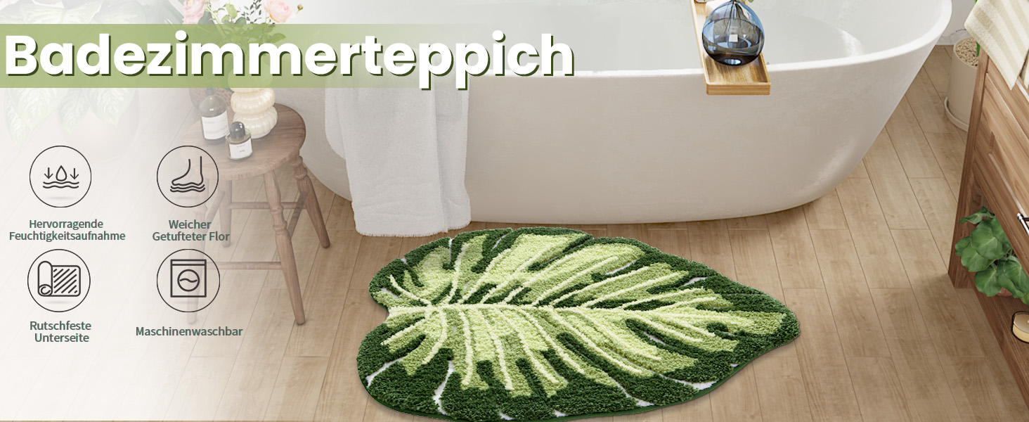 Килимок для ванної кімнати DEXI Ovale - антиковзаючий, з малюнком, 80x120 см, Monstera