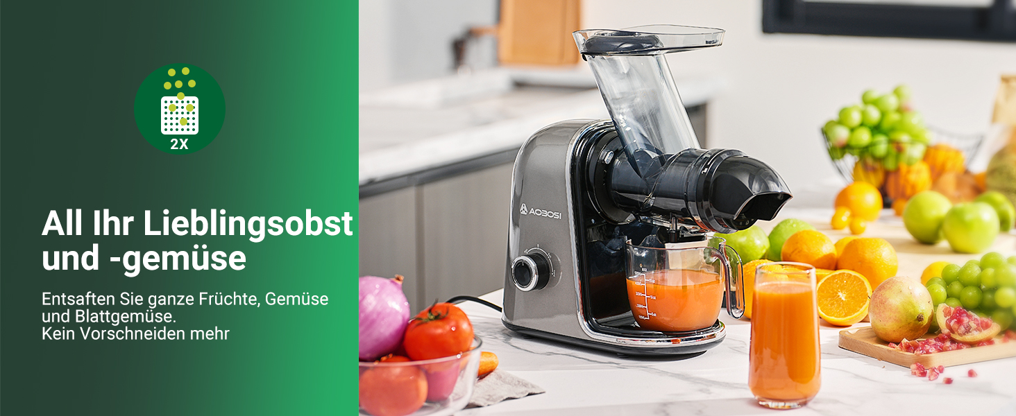 Електричний соковитискач AOBOSI Slow Juicer з 2 швидкостями, для овочів та фруктів, з 8-ступеневою спіраллю, щіткою для очищення та 2 чашами, функція реверсу, сірий