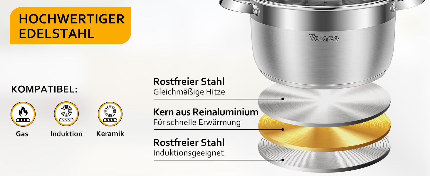 Набір каструль з нержавіючої сталі Velaze, індукційний, 5 каструль, 1 сковорода, 1 сковорода для молока, 2 вставки для приготування на пару, скляна кришка