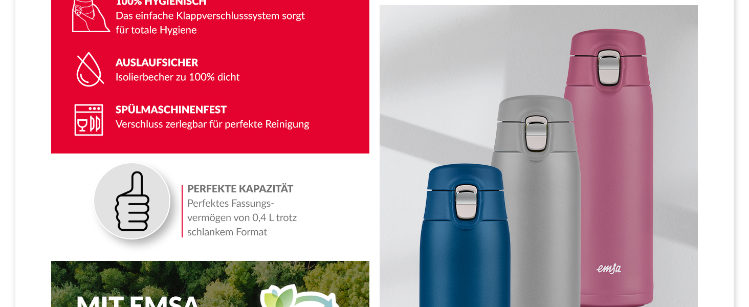 Термокружка Emsa N21518 Travel Mug Light | 0.4 л, нержавіюча сталь, 8 год гаряче/16 год холодне, BPA Free, блакитний колір