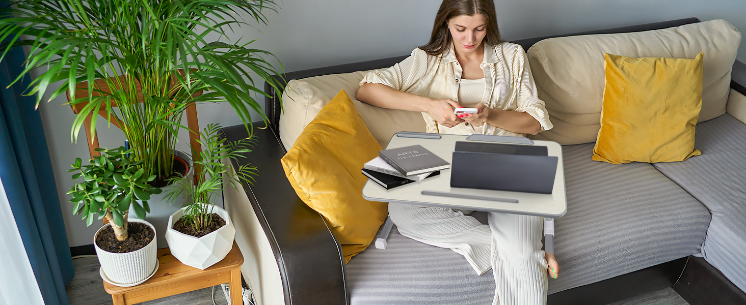 Столик для ноутбука в ліжко, регульований, з ящиком, 60x34 см, бежевий