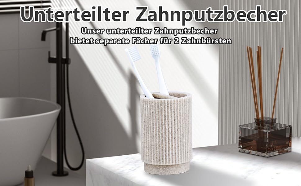 Набір для ванної кімнати 6-частинний: дозатор для мила, стакан для зубної пасти з підносом та коробочка для ватних паличок – смугастий дизайн, високоякісна смола. В комплекті: бежевий 4-частинний набір