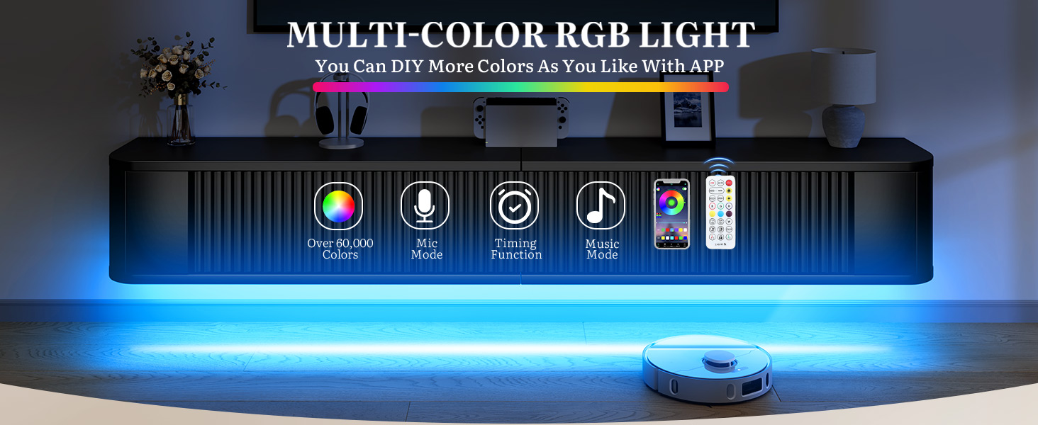 Підвісна тумба під телевізор YITAHOME 140 см з RGB підсвіткою, чорна. Настінна поличка для ТБ з великим об'ємом для вітальні та спальні (180x25x20 см)