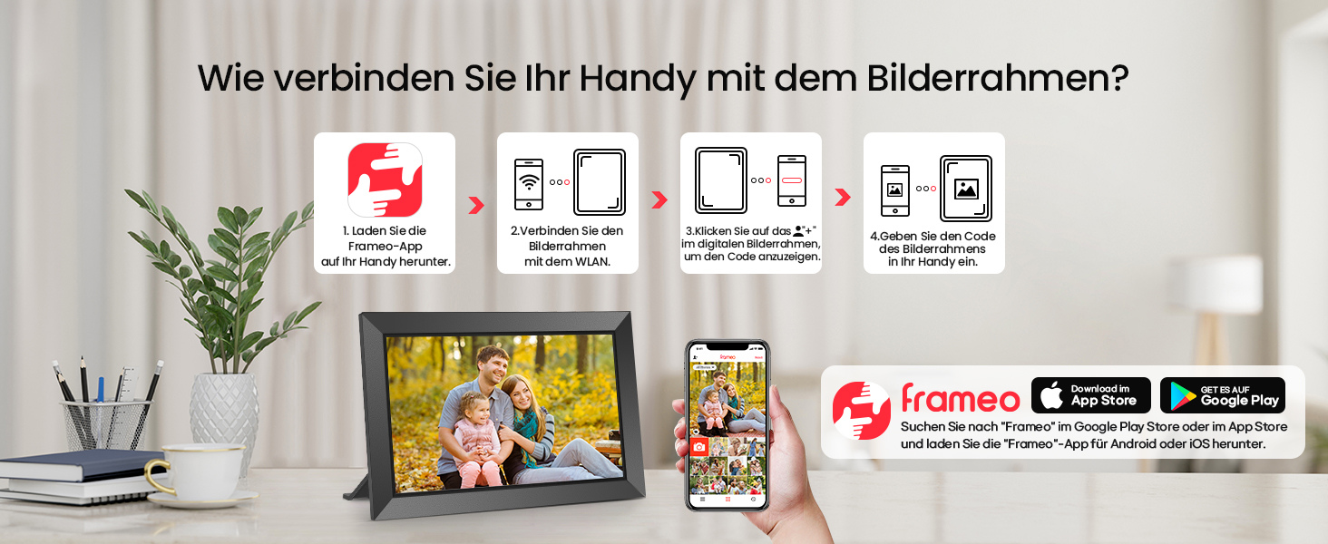 FRAMEO Цифровий фотоальбом 10.1 дюйма з Wi-Fi, IPS сенсорний екран, 32GB пам'яті, автоповорот, чорний