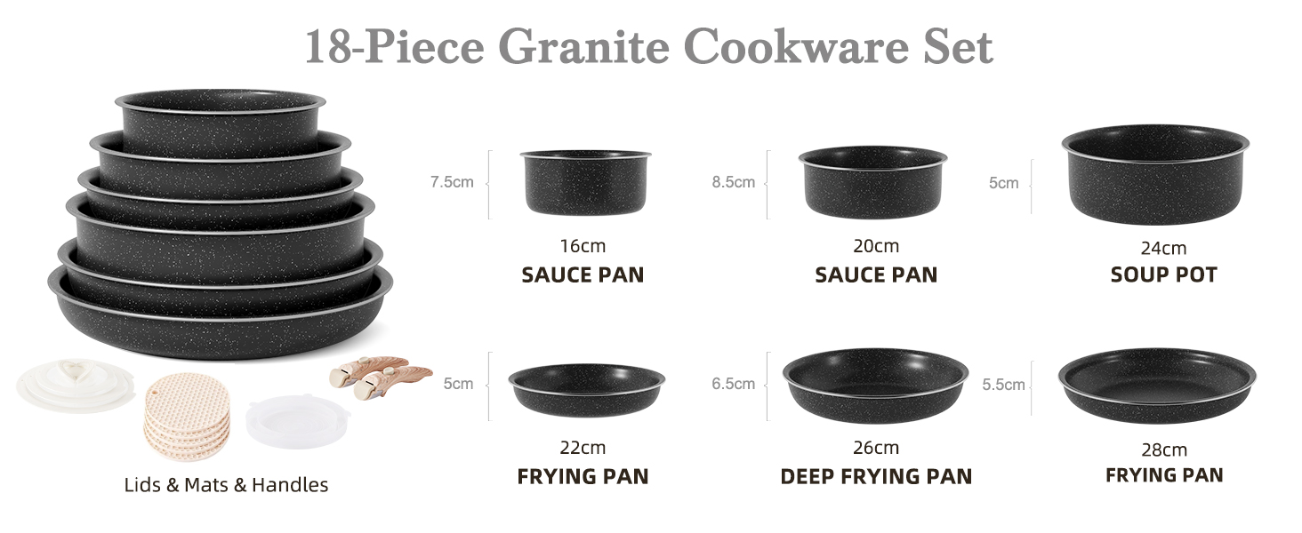 Набір індукційних каструль і сковорідок RIOVARM, граніт з антипригарним покриттям, знімні ручки, штабельовані, 18 предметів, чорний