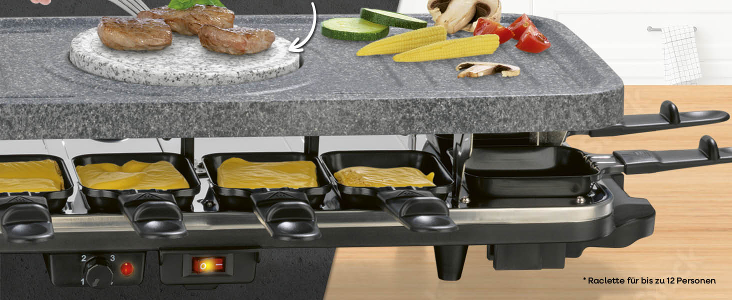 GOURMETmaxx Ракуетка 2-в-1 з Фондю | Набір ракуетки на 8 осіб – ідеальний гриль для вечірок | Ракуетка-фондю комбінація з 8 сковородами, лопатками та виделкою для фондю | Набір ракуетки з фондю на 8 осіб (Ракуетка & Фондю комбі XXL на 12 осіб)