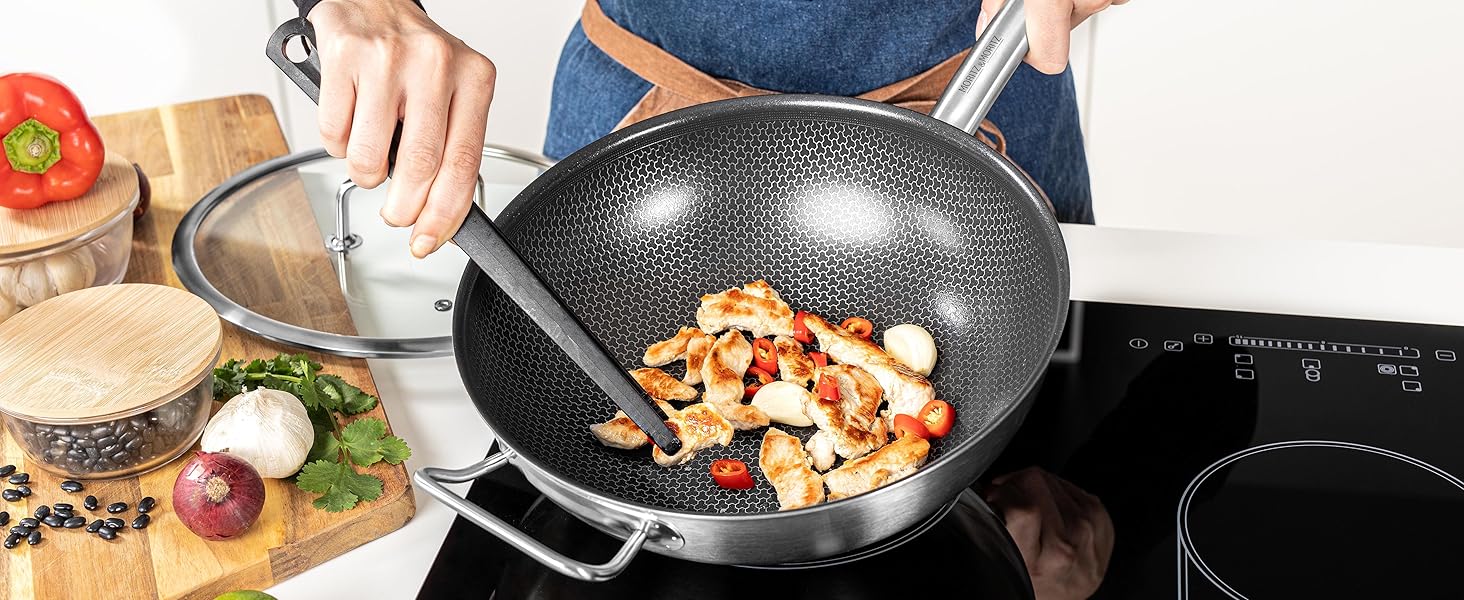 Вафельниця Moritz & Moritz з нержавіючої сталі 30 см з керамічним покриттям нового покоління - підходить для всіх типів плит - антипригарний вок з вафельною структурою для смаження, тушкування та варіння (з кришкою)