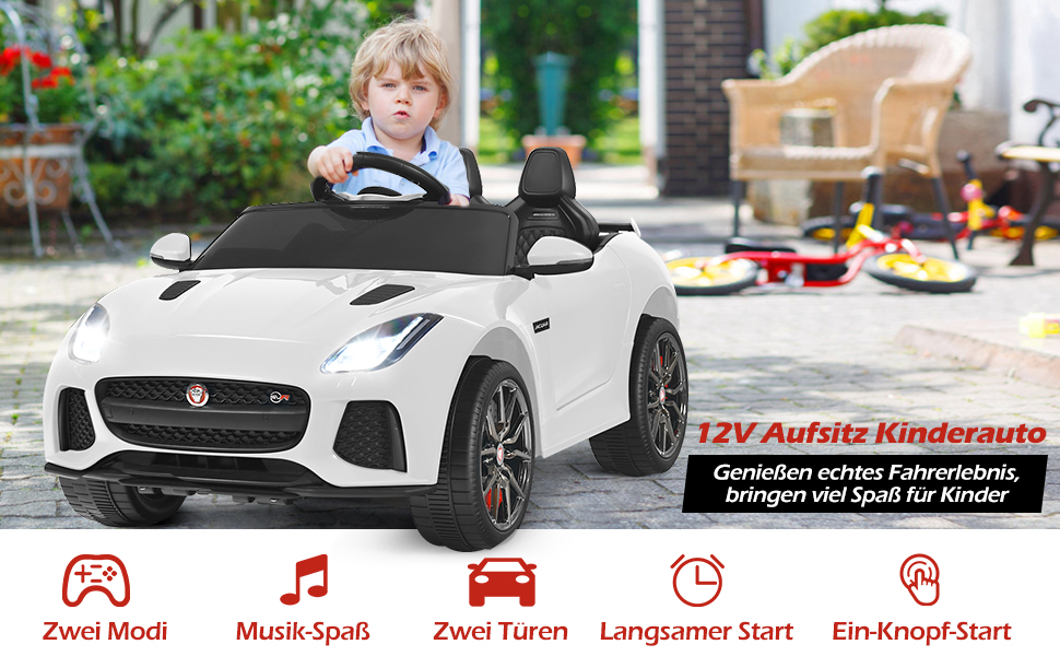 Дитячий електромобіль Jaguar Costway, 12V, з пультом, музикою, фарами, білий, для дітей від 3 років