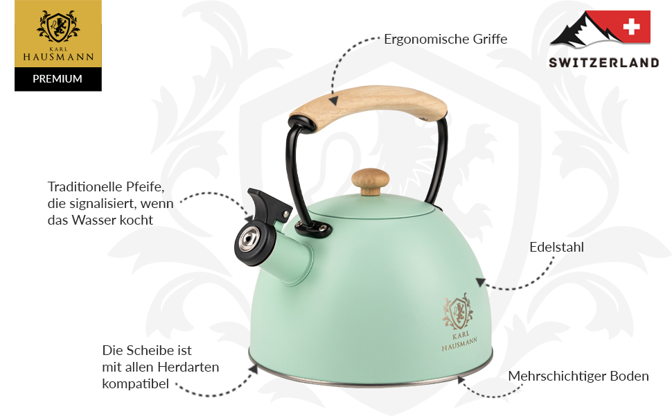 Електричний чайник Karl Hausmann 2.5L з автоматичним свистком - нержавіюча сталь, для Induktion, Gas та Electric плит