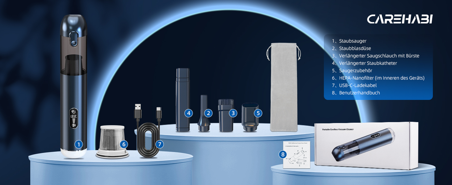 Ручний автомобільний пилосос Carehabi, потужність всмоктування 18000Па, 3 режими роботи, з мийним HEPA-фільтром для авто, дому та шерсті тварин