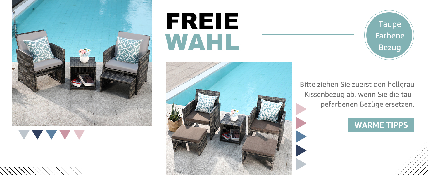 Садовий набір меблів OC Orange-Casual 5 предметів: плетена терасна група з кріслами, пуфами та столом, подушки в комплекті, сірий